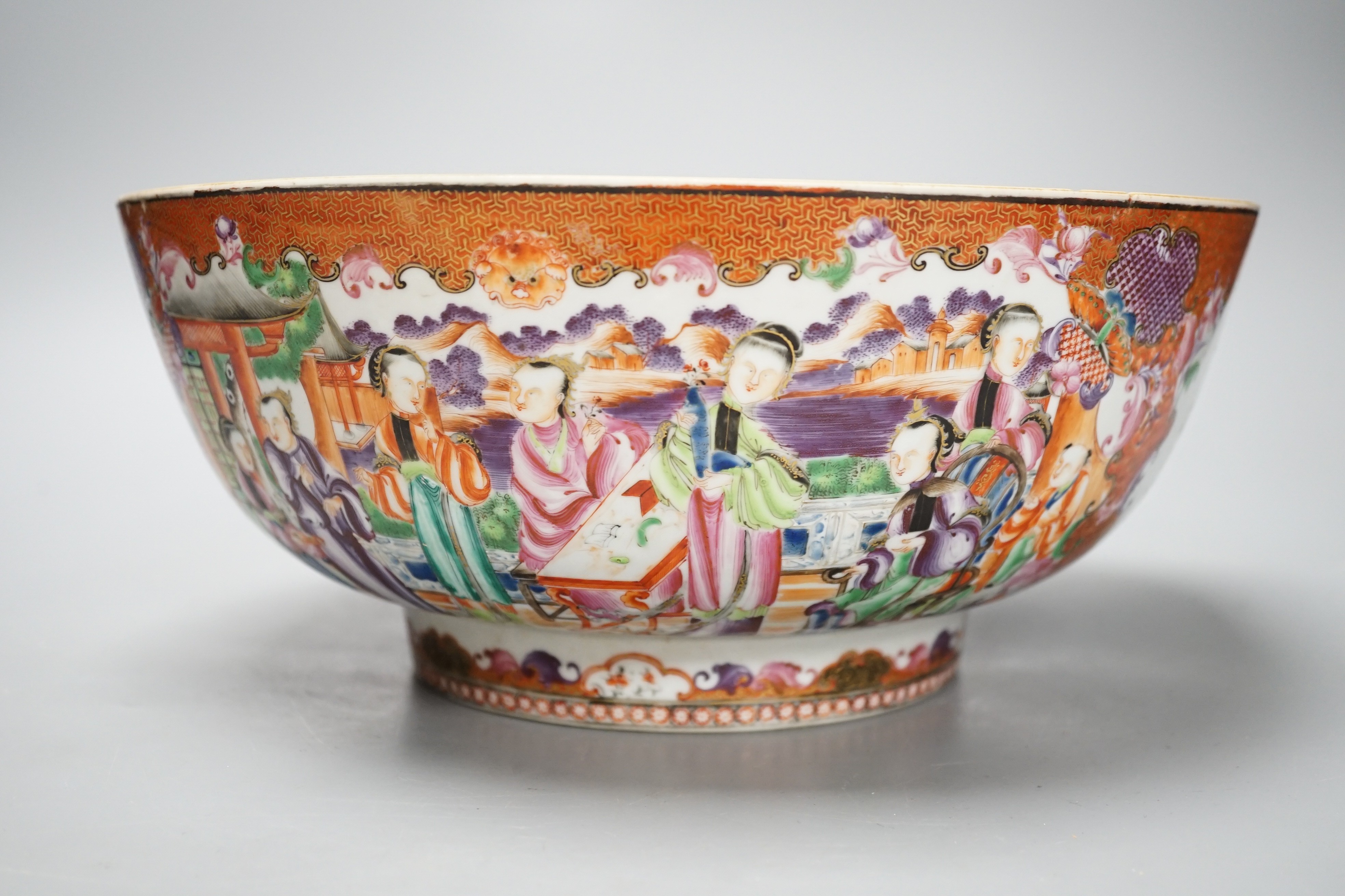 An 18th century Chinese export mandarin pattern porcelain bowl with hardwood stand 28.5cm diameter